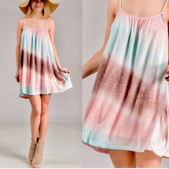 Mint Green Pink Brown Tie Dye Fully Lined Adjustable Straps Sun Dress Sz S-L - Picture 1 of 10